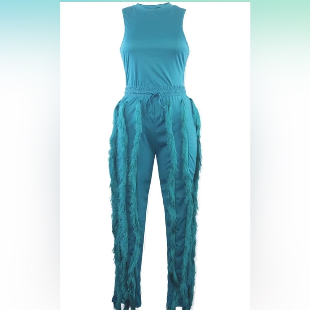 Fringe pant set color turquoise